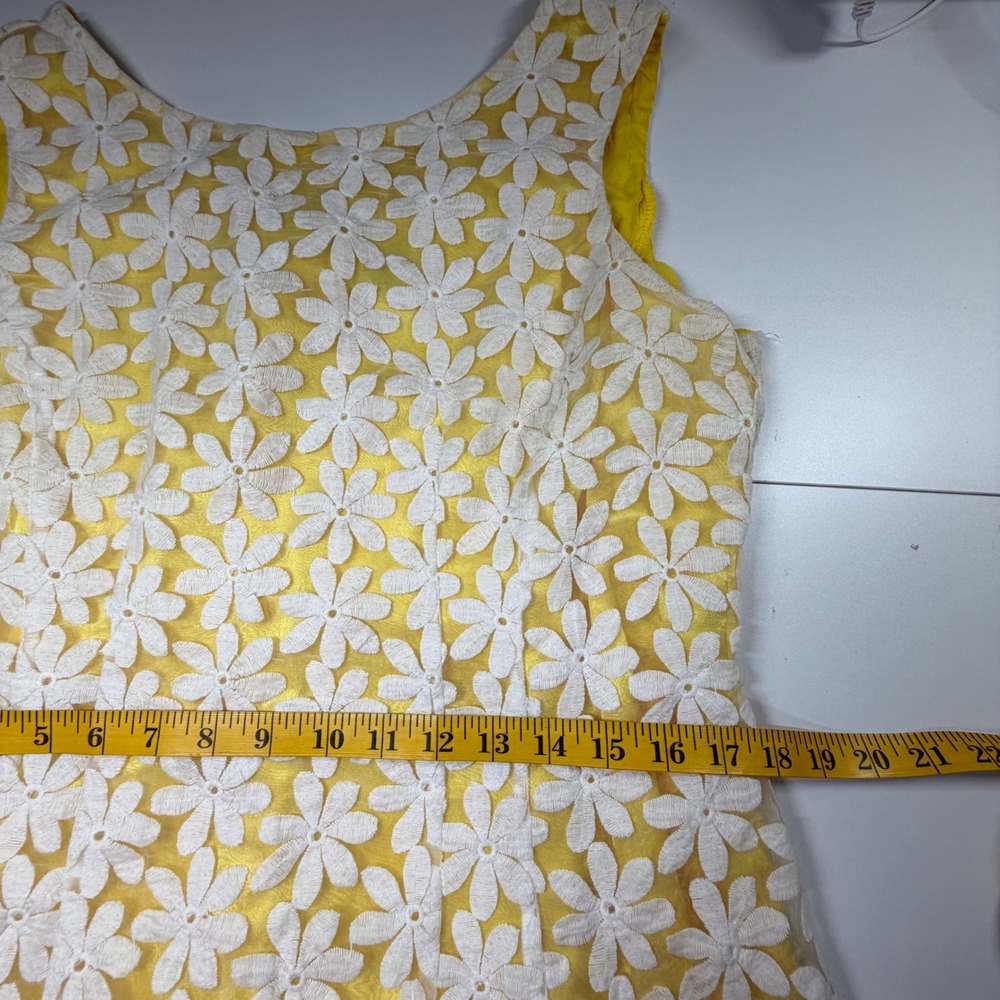 Cremieux A-Line Dress Womens 12 Yellow White Floral Lace Sleeveless Mod Mini - Picture 10 of 11